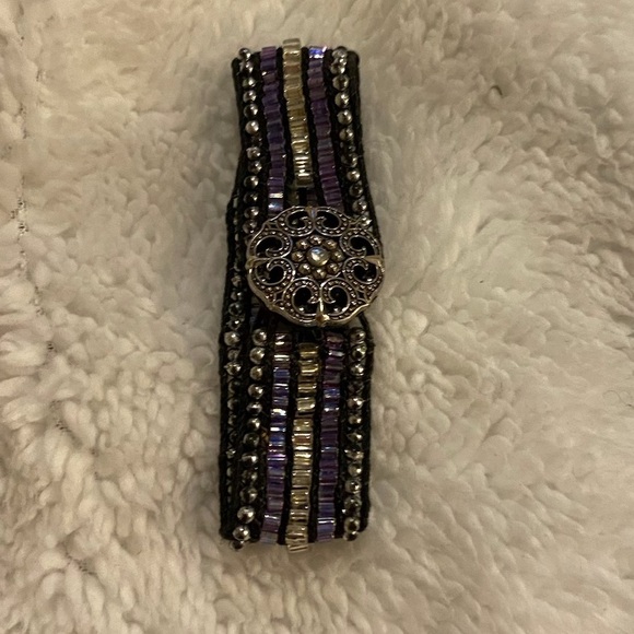 Native Hand Beaded Bracelet hand made purple black clear w button Donna ringgold - Picture 1 of 3